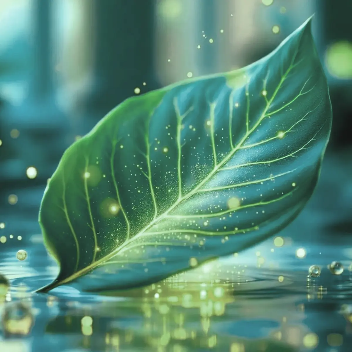 Close-up of a glowing green leaf on water