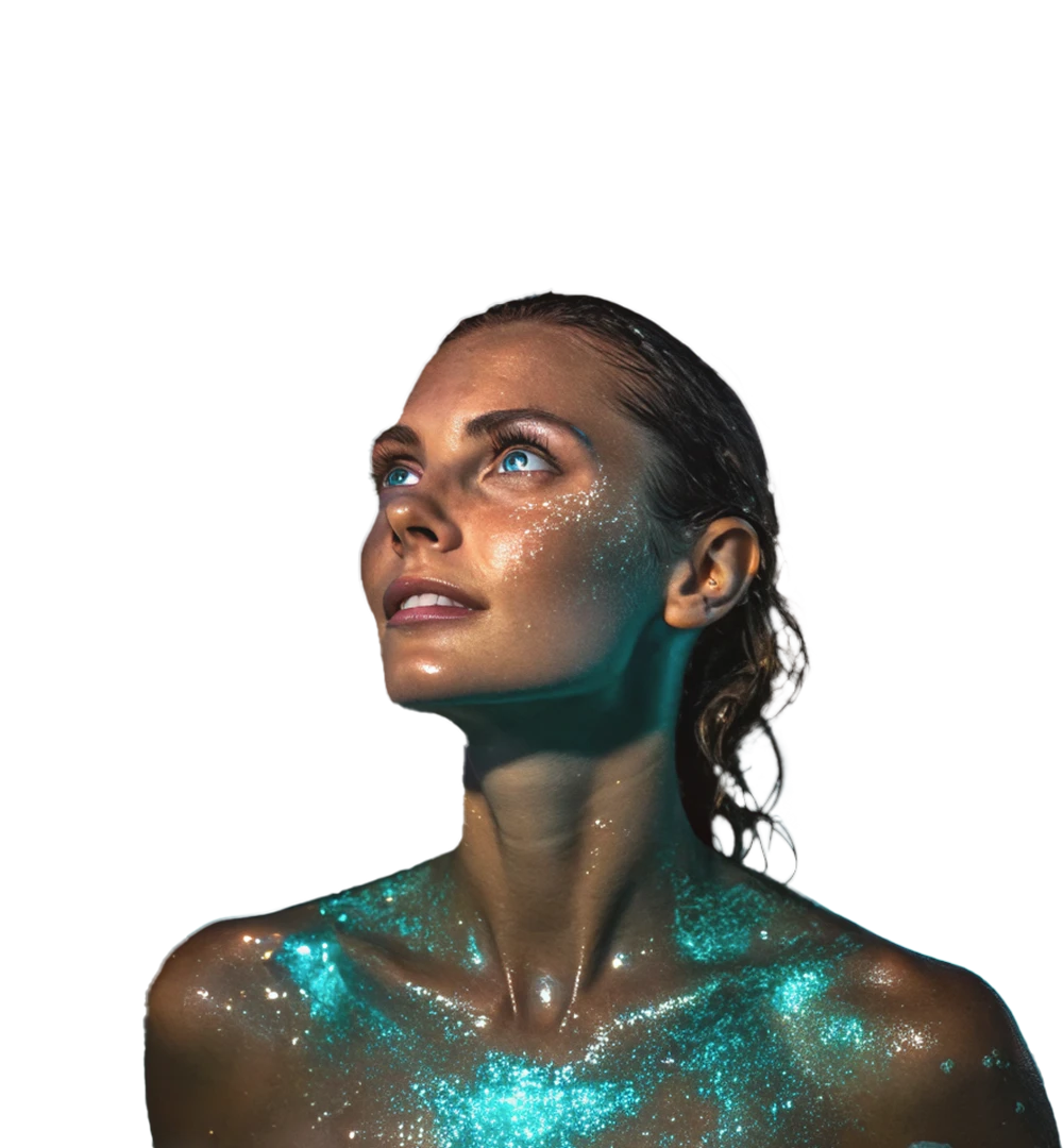Woman with glowing blue skin effect