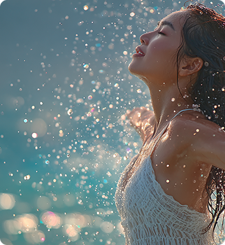 Woman in water spray, boosting antioxidants