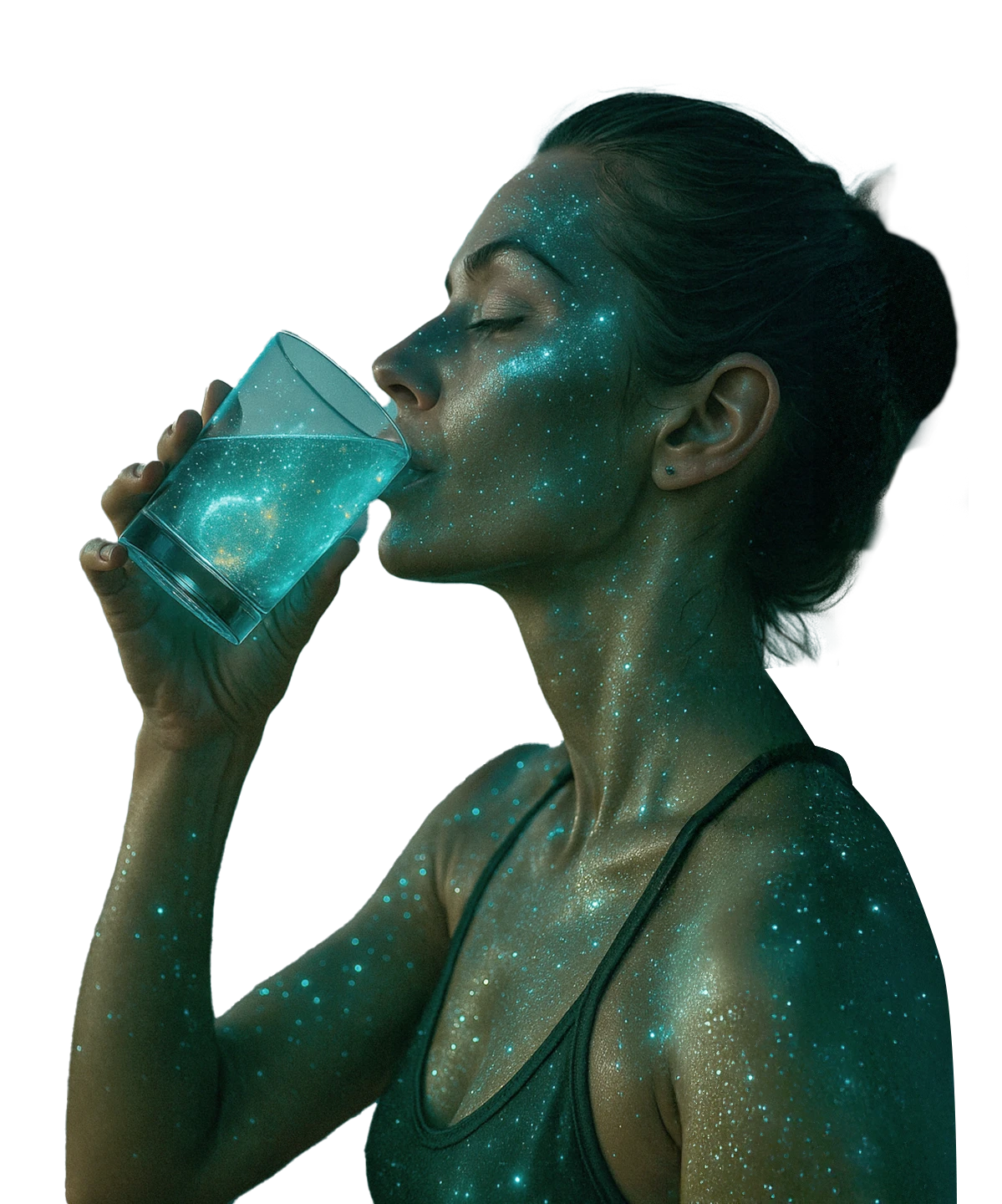 Woman drinking glowing water for vitality