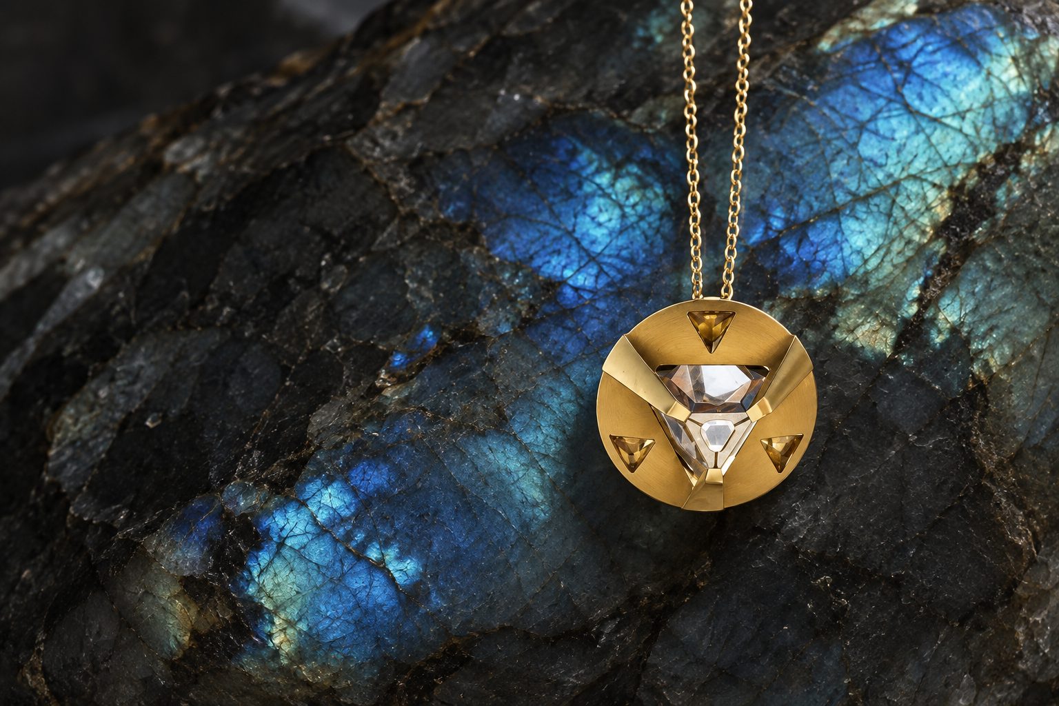 Gold ARQ pendant suspended over labradorite