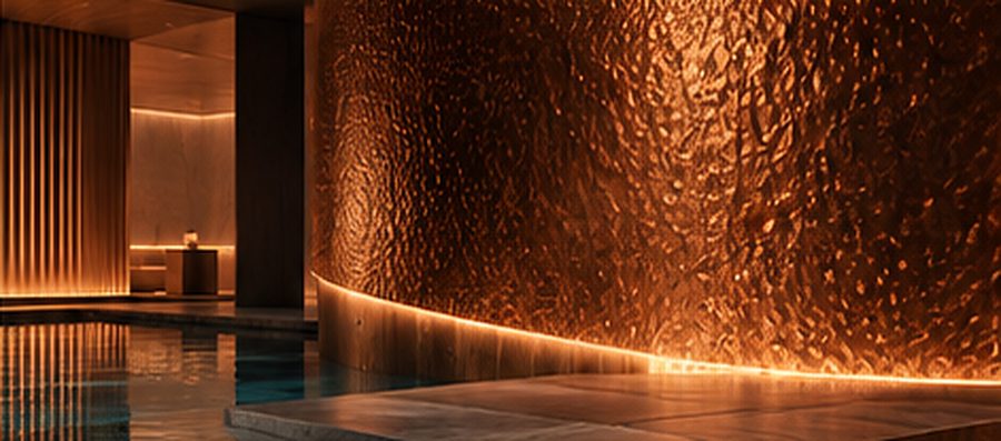 A copper wall glowing above a dark pool