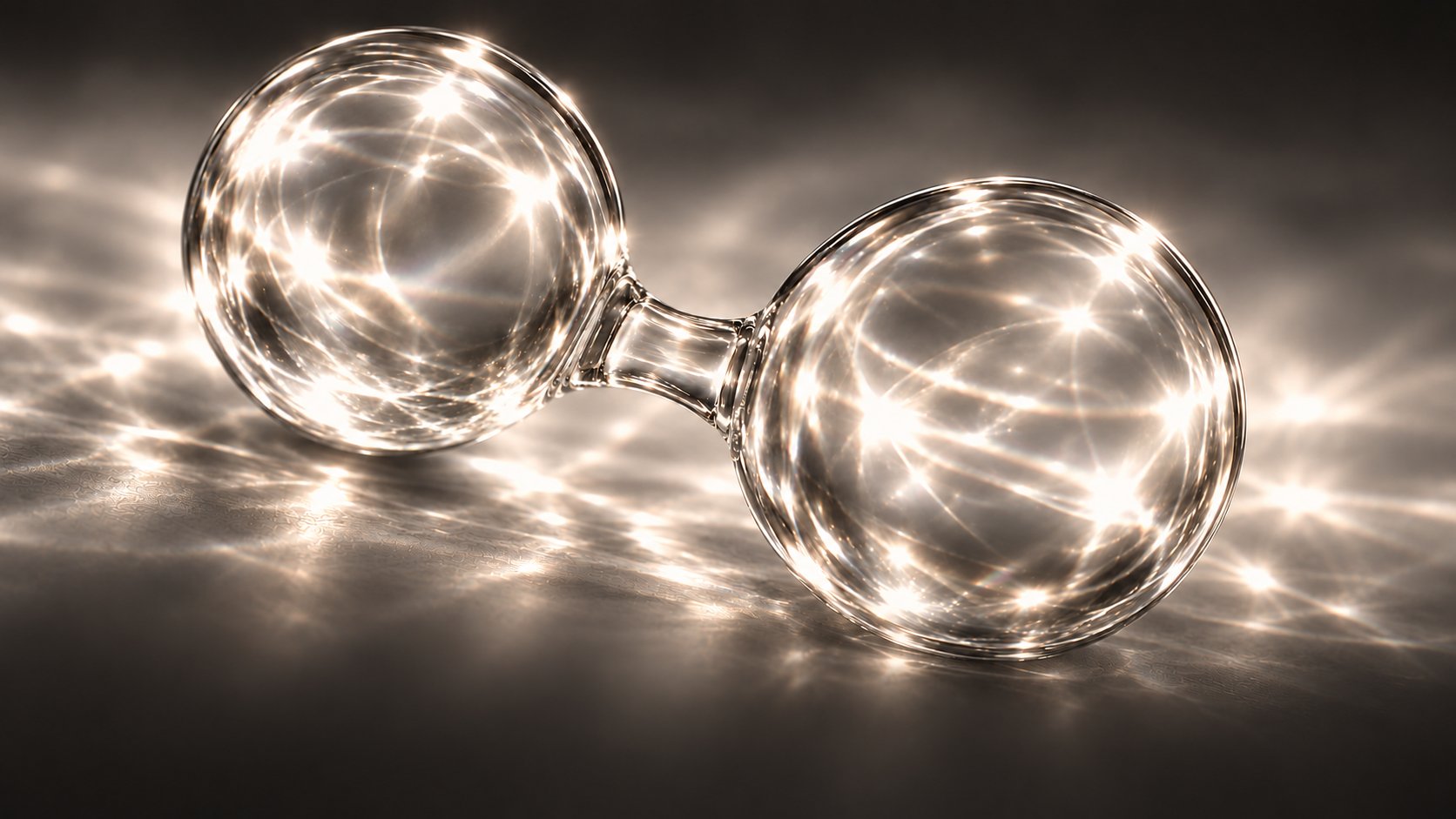 A molecule of hydrogen shown as two joined spheres of clear glass, glowing with warm light