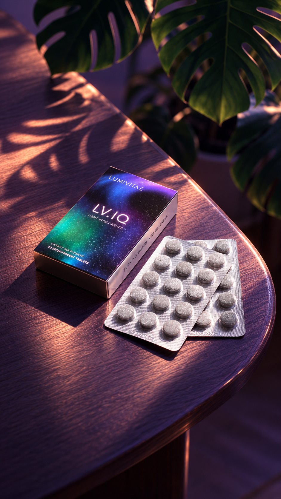 The LV.IQ box beside two blister packs of tablets on a table in evening light
