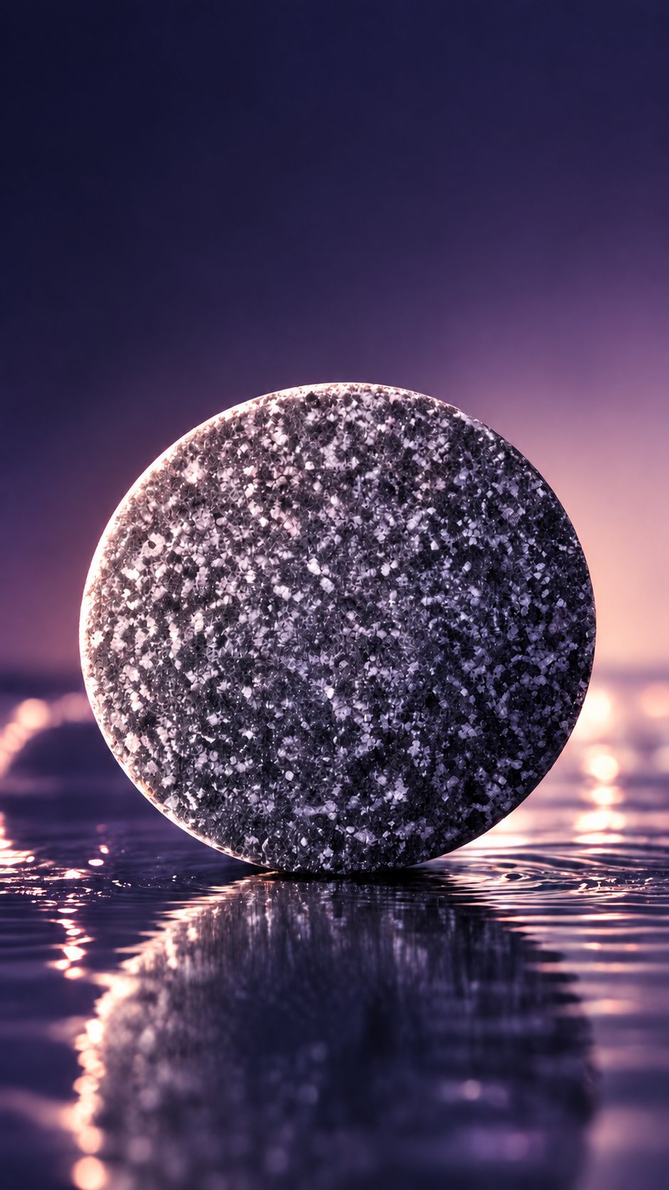 A single LV.IQ tablet standing on violet water, sparkling in the light