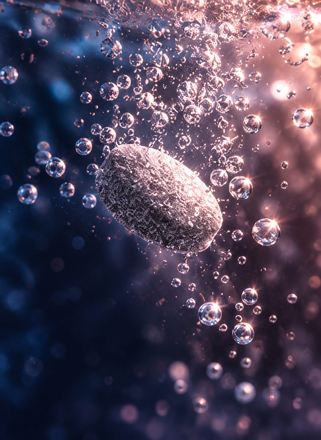 An LV.IQ tablet dissolving into a stream of bubbles in violet water