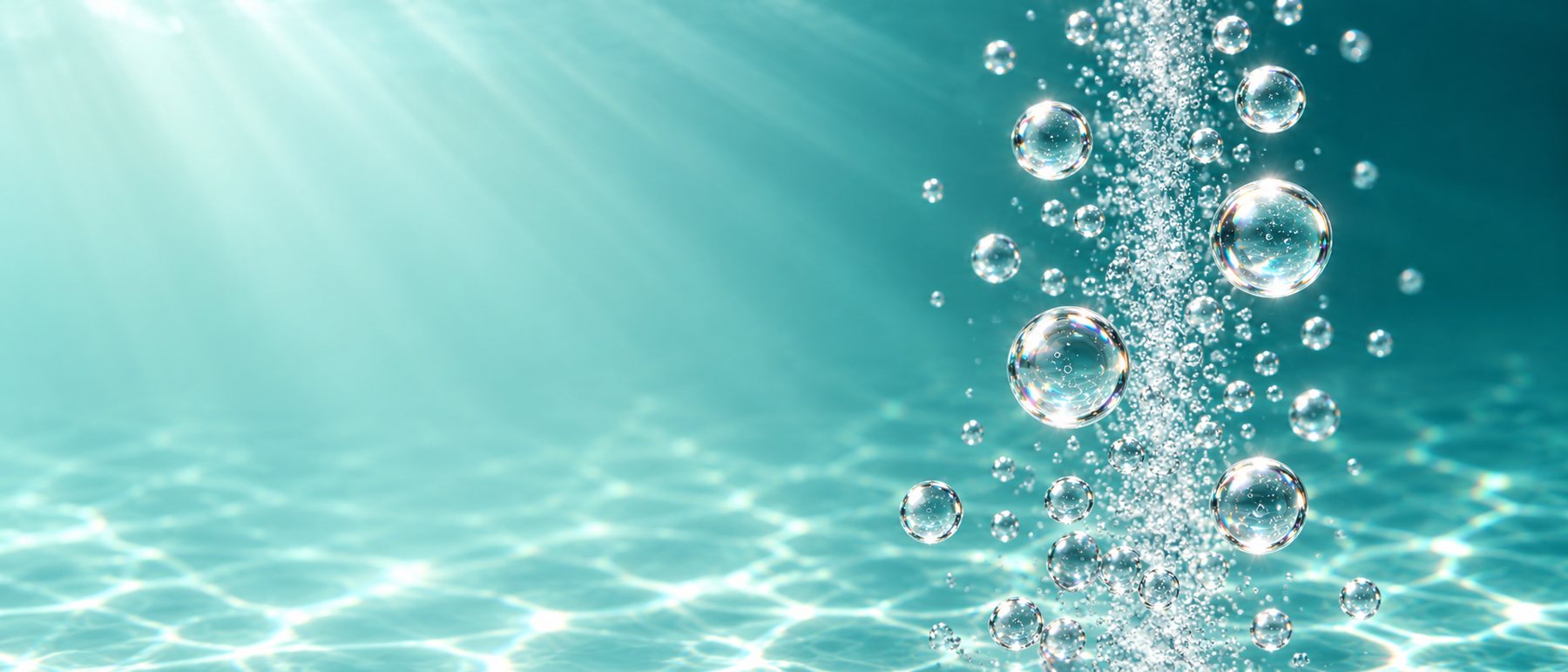 Glass hydrogen molecules floating in sunlit teal water