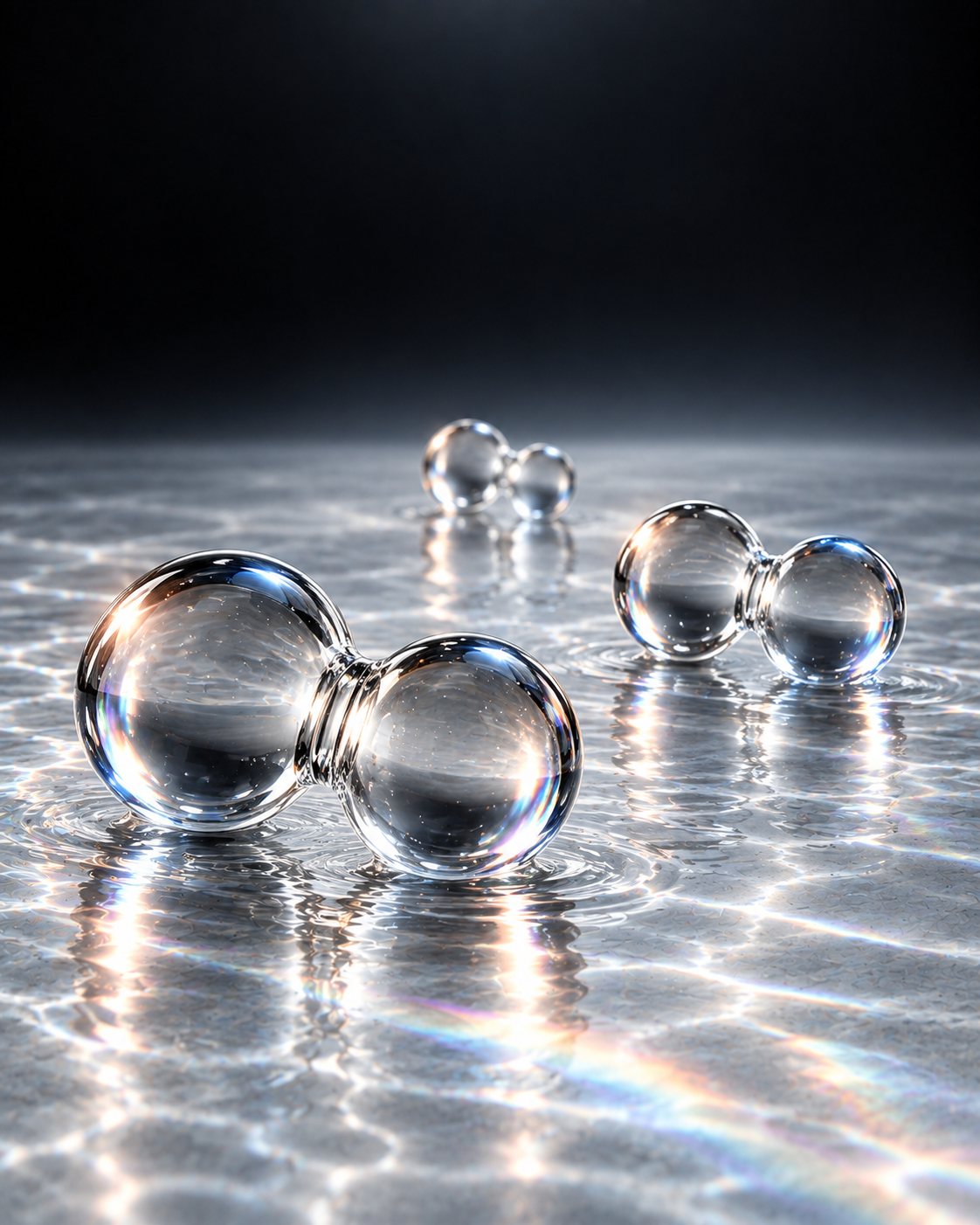 Glass hydrogen molecules resting on a silvered surface in a pool of light