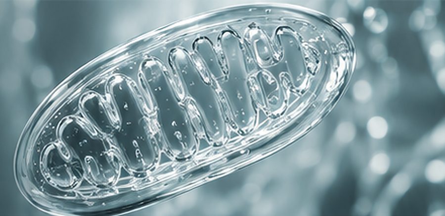A glass sculpture of a mitochondrion suspended among bubbles