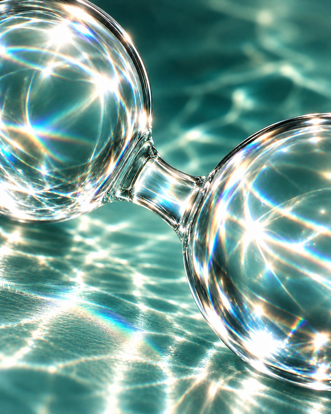 A glass hydrogen molecule, two spheres joined, resting in shimmering teal water