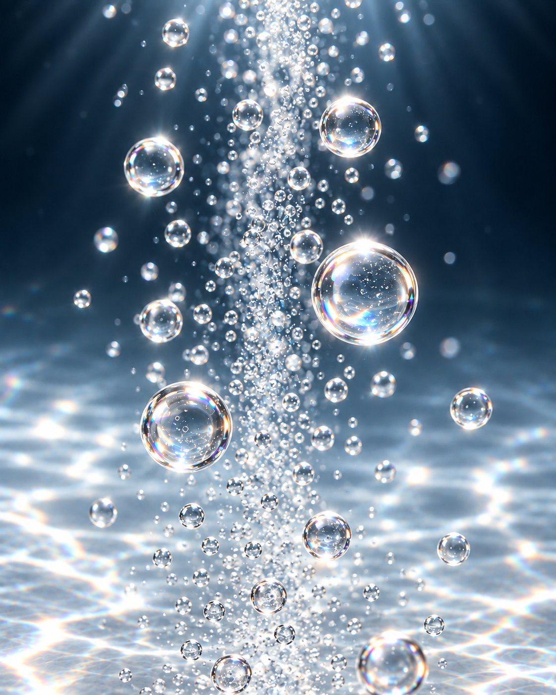 Streams of hydrogen bubbles rising through clear, light-filled water