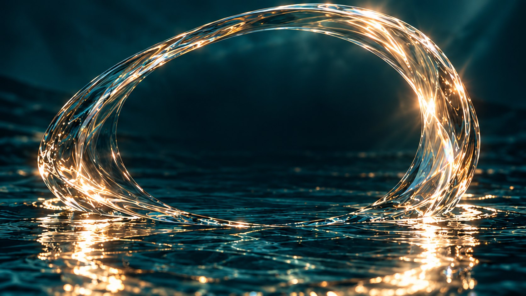 A ring of liquid glass rising from dark water, lit gold from within