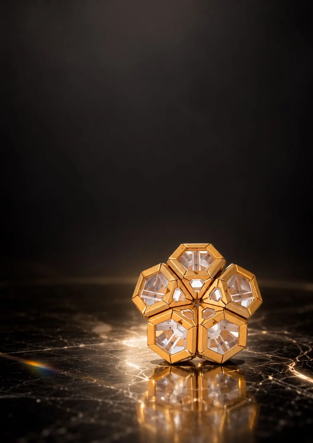 Five gold-caged ARQ quartz pieces arranged as a flower