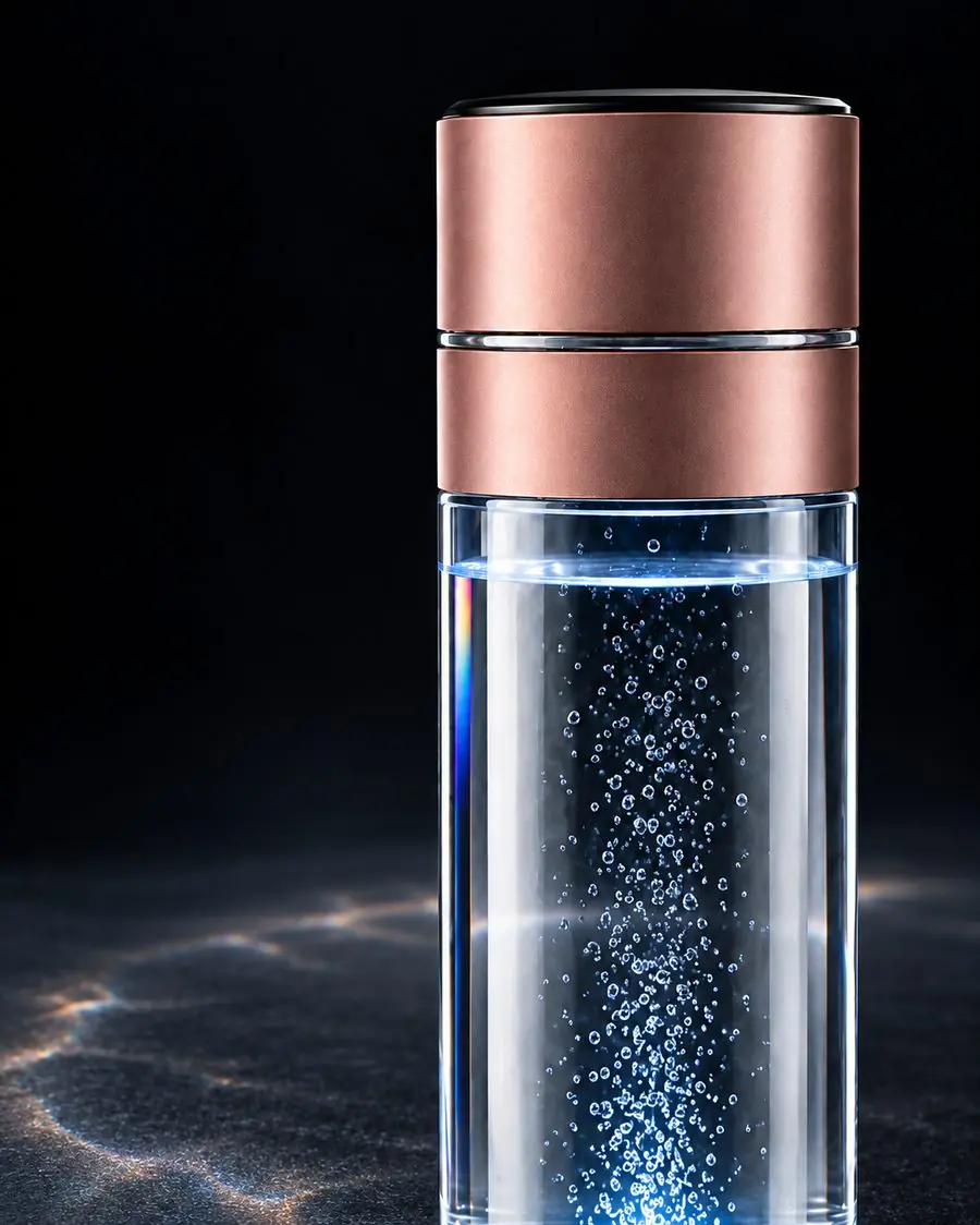 Rose-gold frequency lid over a column of bubbles