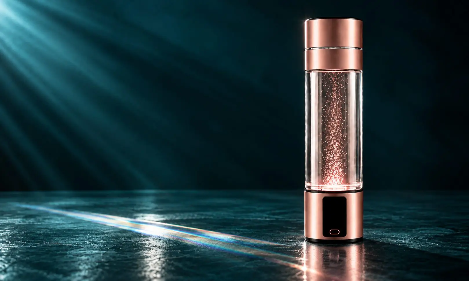 HALO QIRA in rose gold in a shaft of light over dark teal water