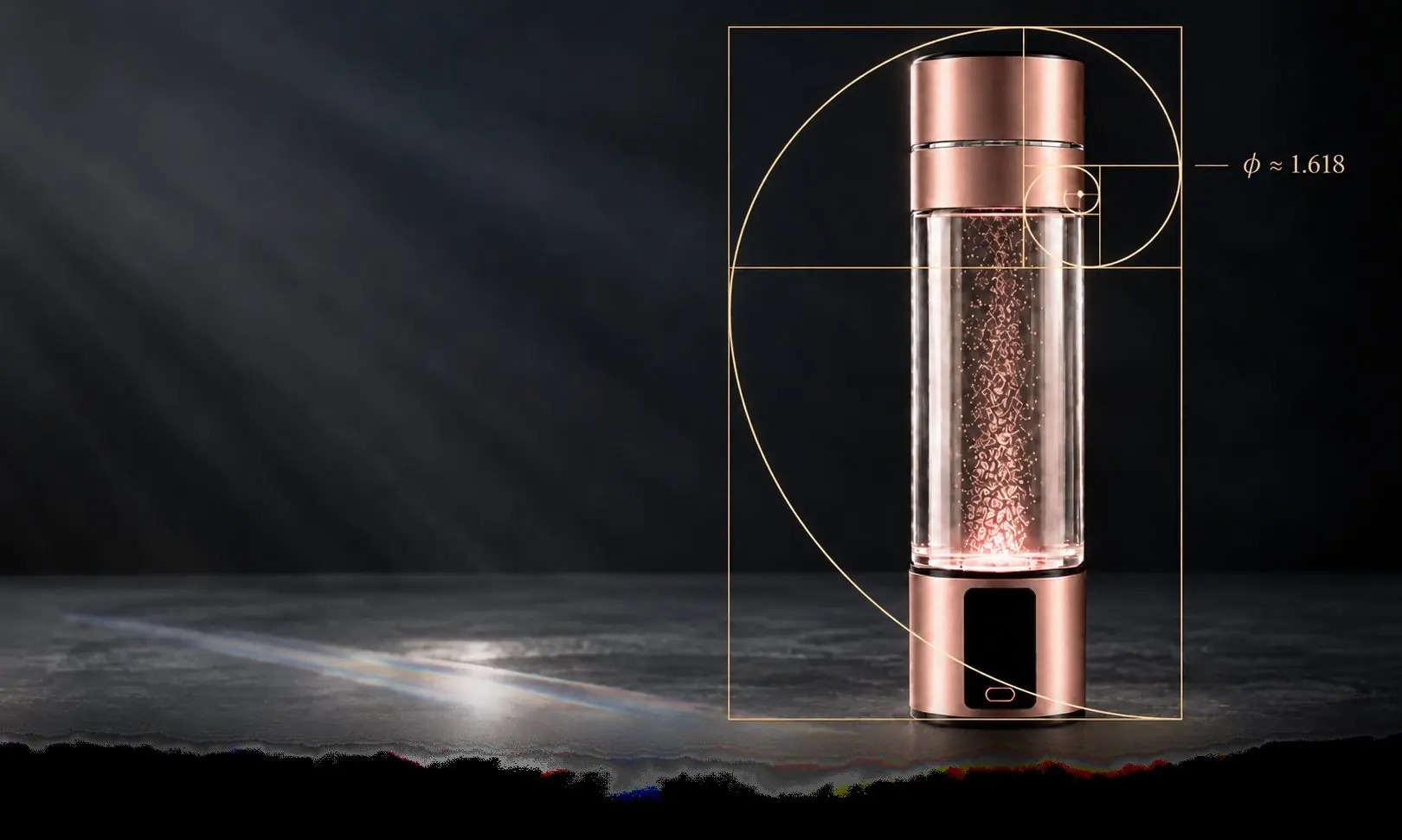 HALO QIRA in rose gold with a golden-ratio spiral drawn over it