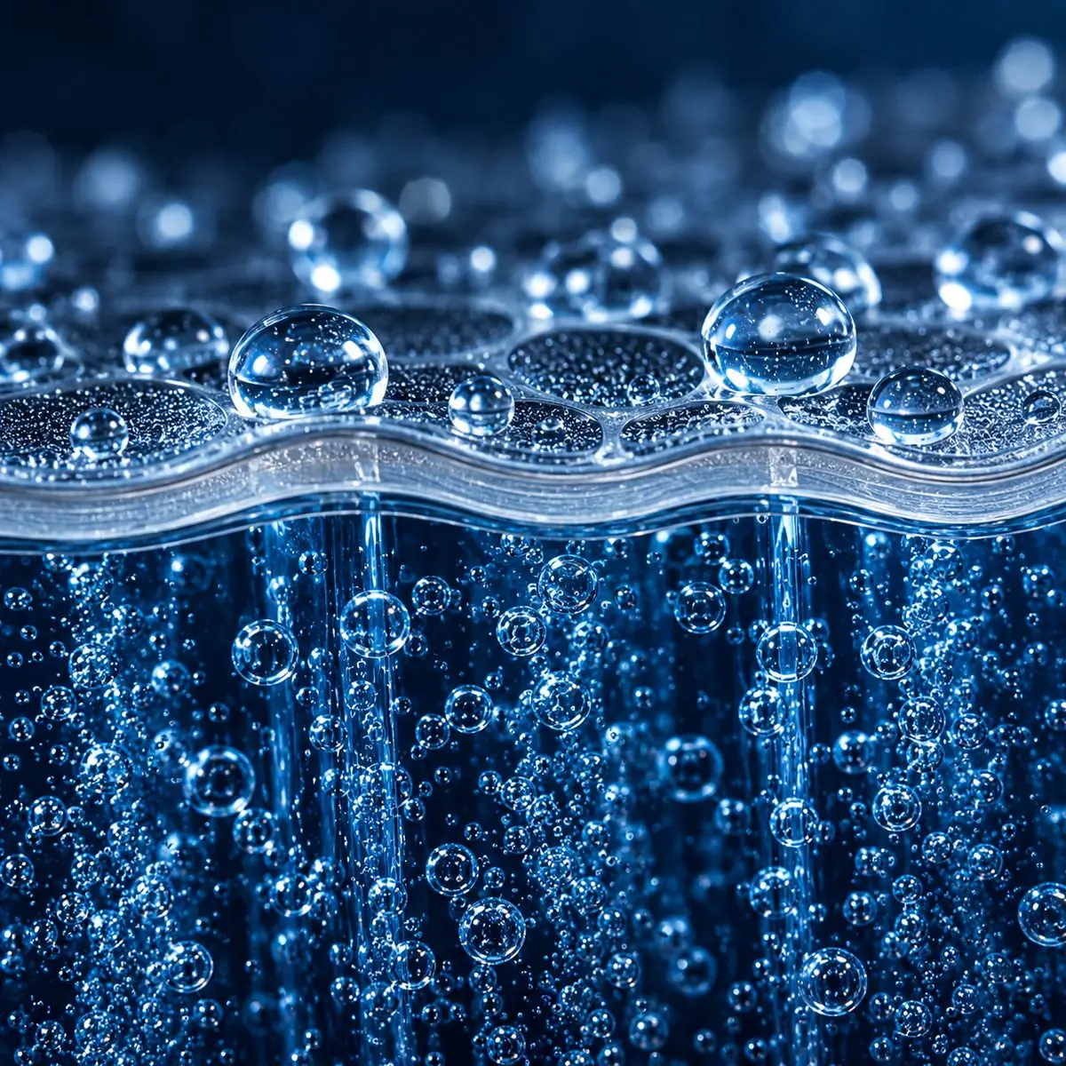 Macro render of the PEM membrane with hydrogen bubbles forming on its surface
