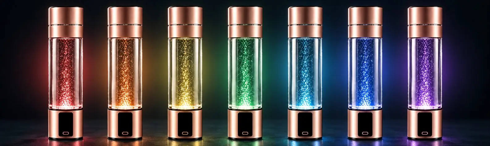 Seven HALO QIRA bottles glowing red, orange, yellow, green, blue, indigo and violet