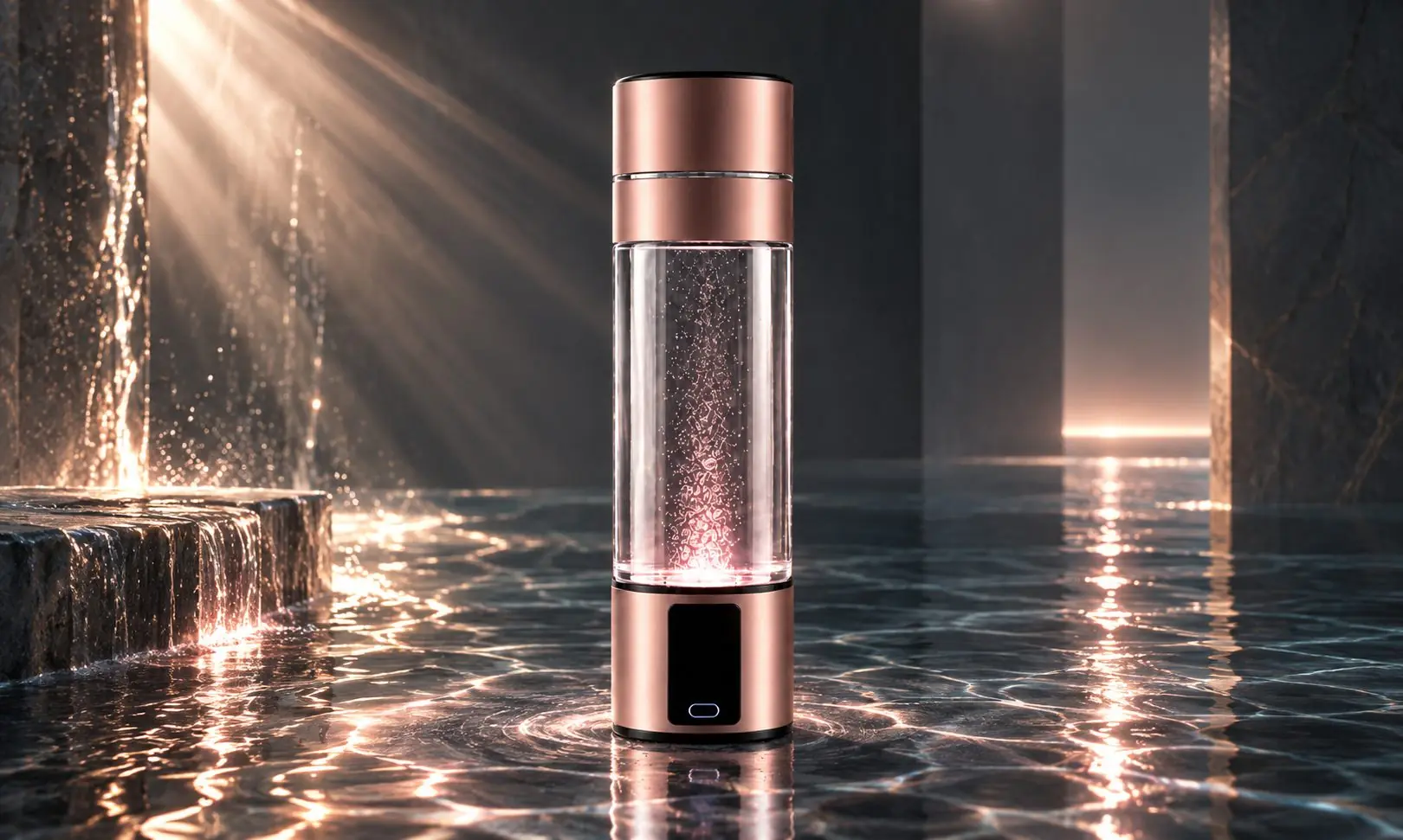 HALO QIRA in rose gold amid light on stone and water