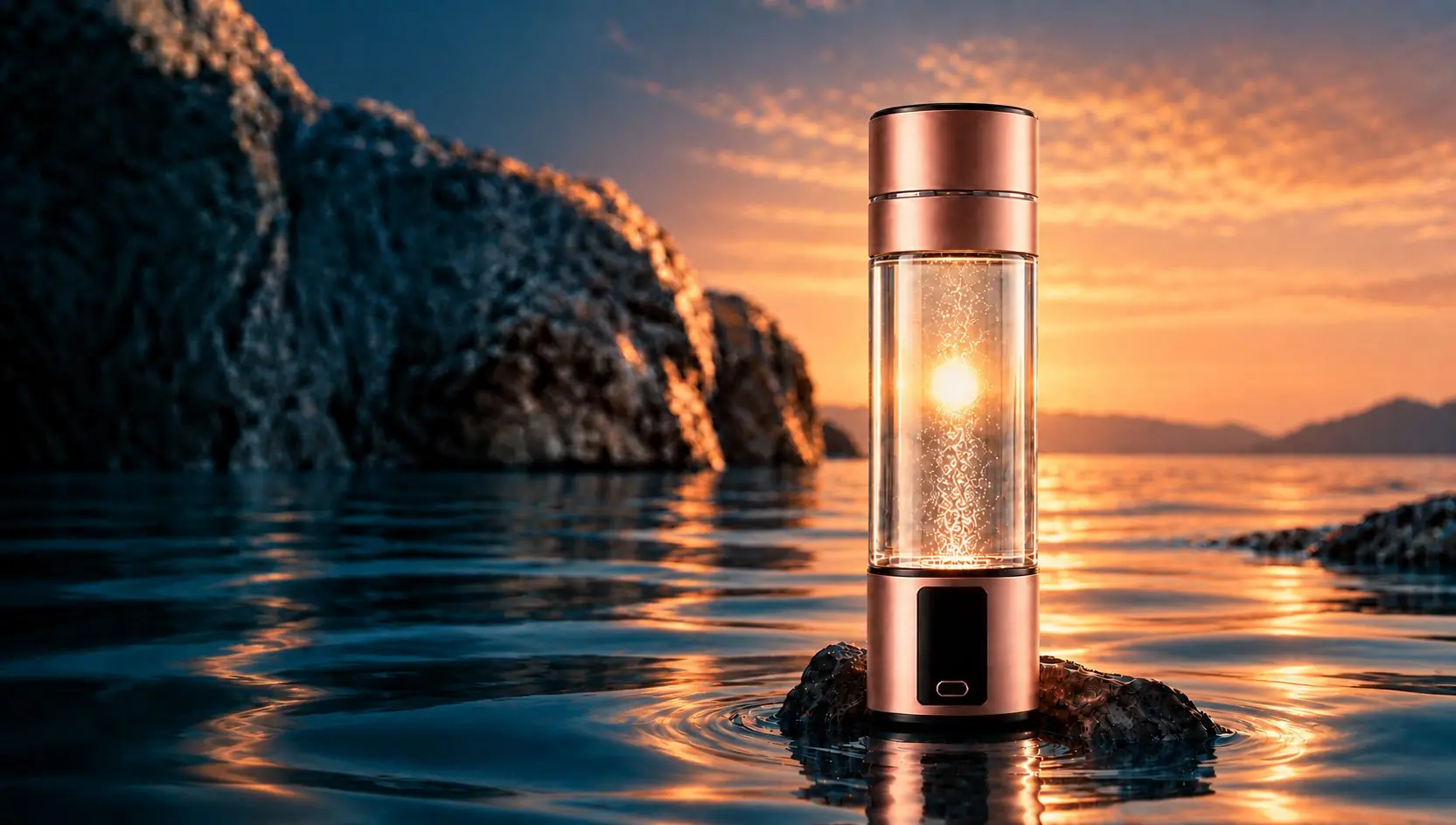 The sun rising through a rose-gold HALO QIRA on a sea rock