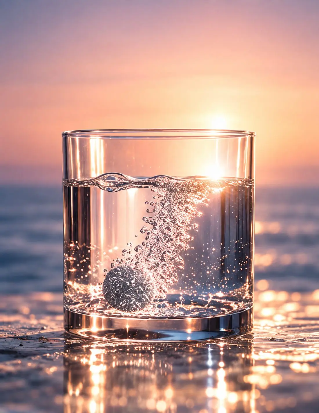 A glass of effervescent water at sunset on a sea rock