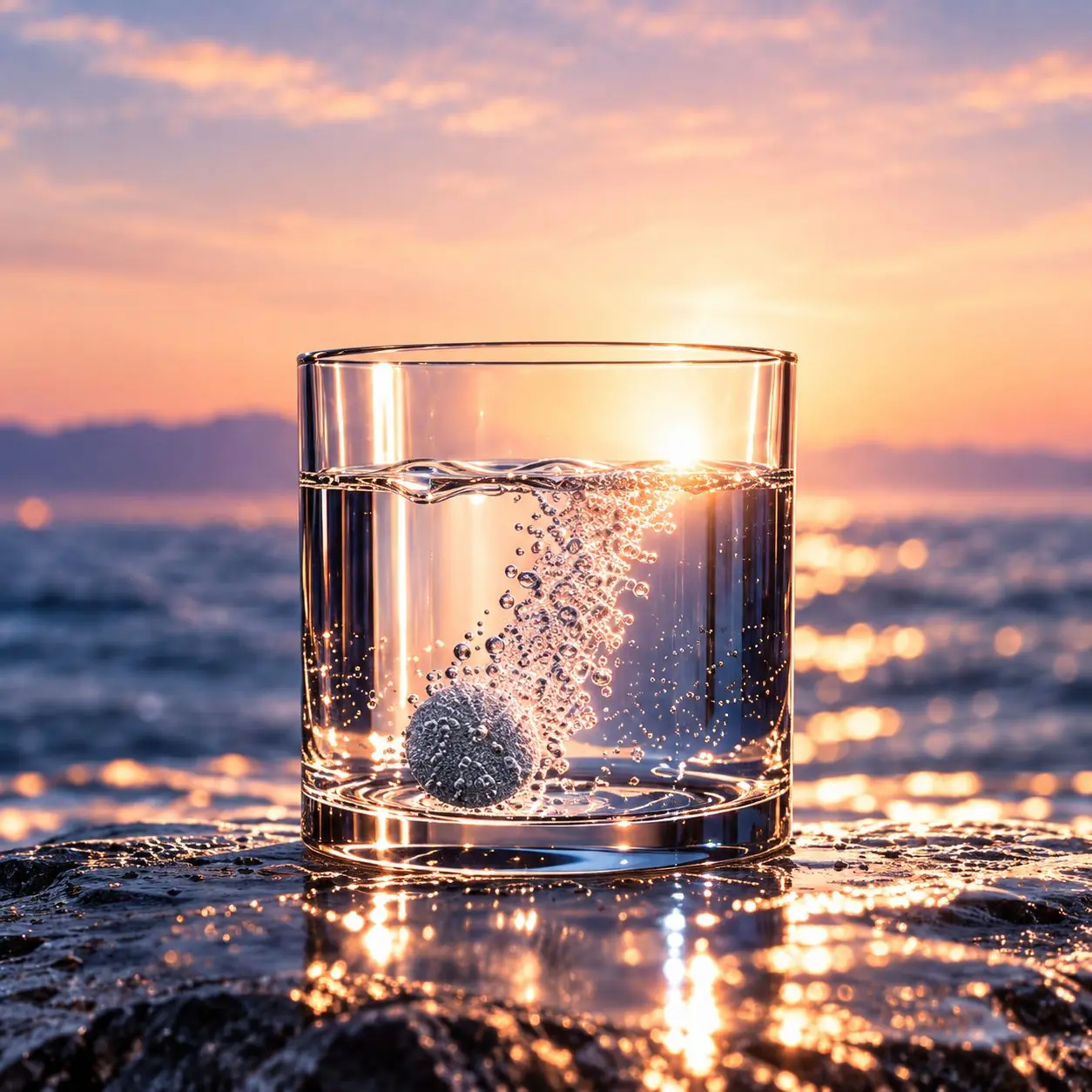 A glass of effervescent water at sunset