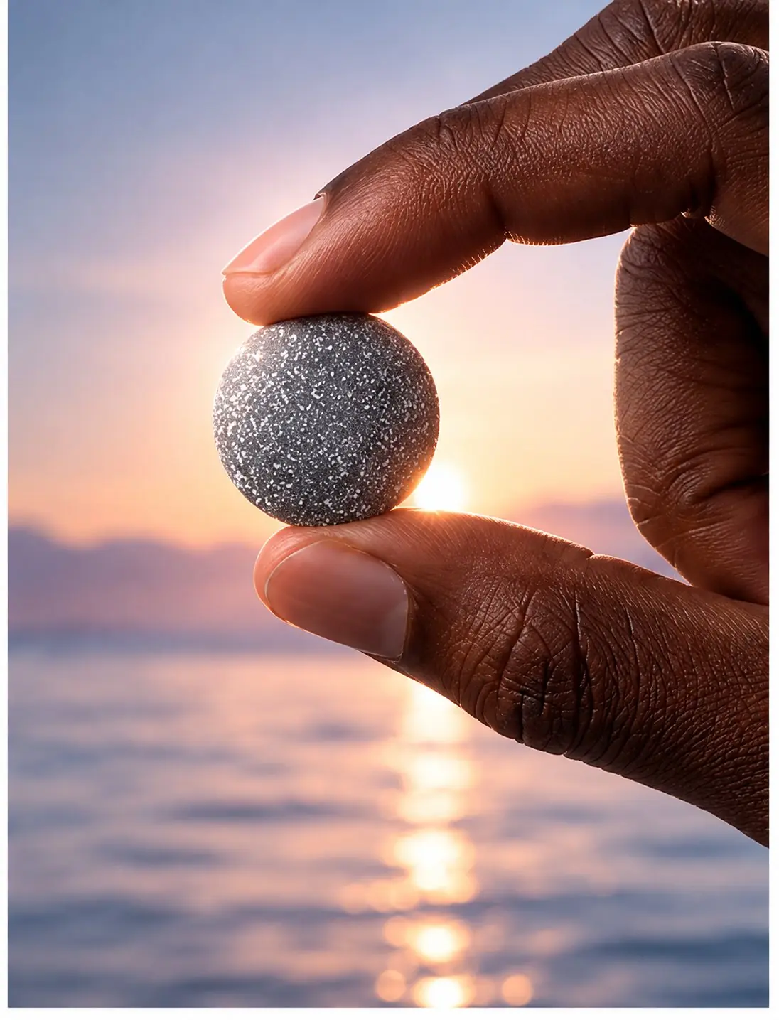 An LV.IQ tablet held up to the setting sun over the sea