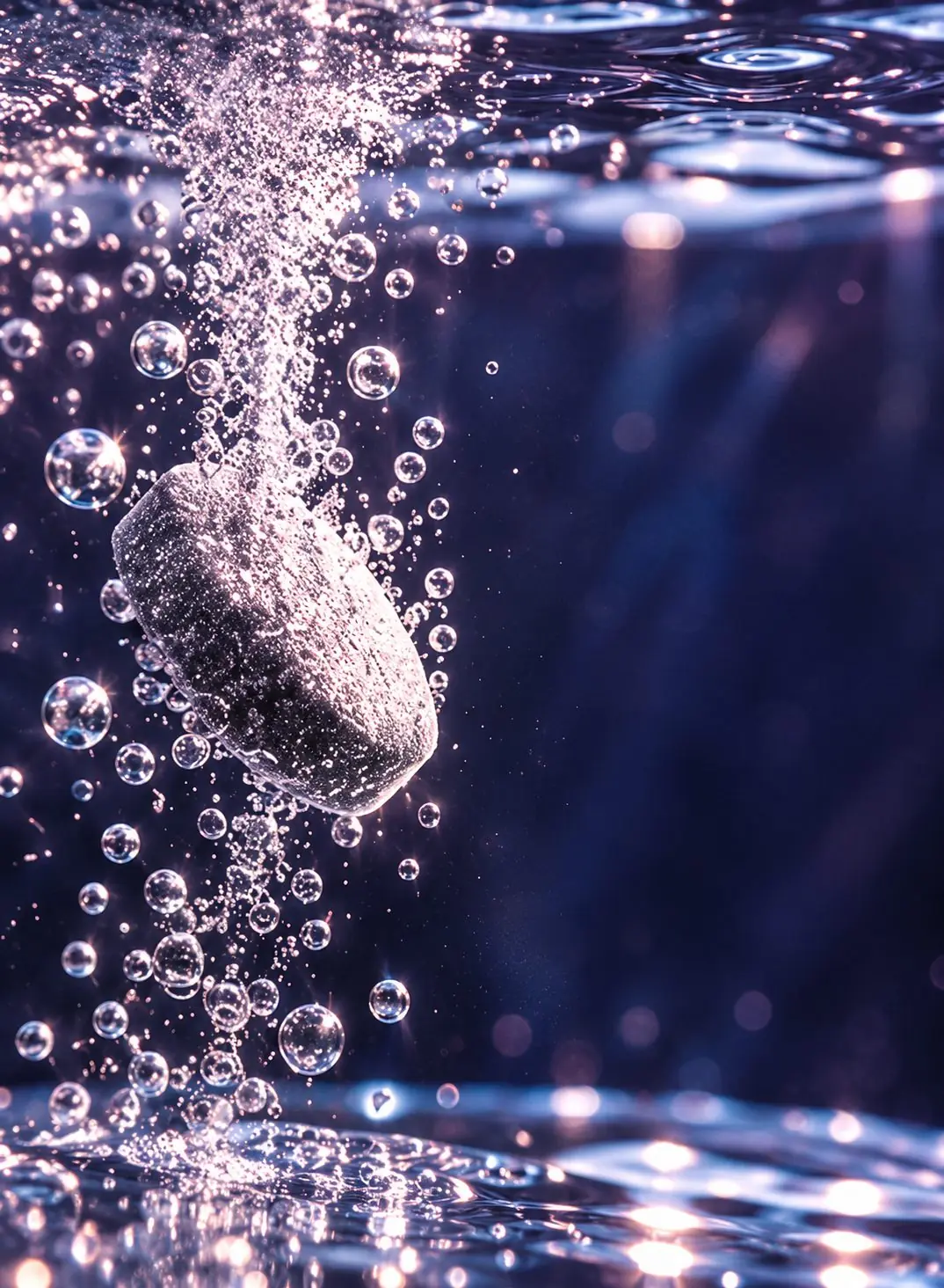 An LV.IQ tablet sinking through violet water in a stream of bubbles