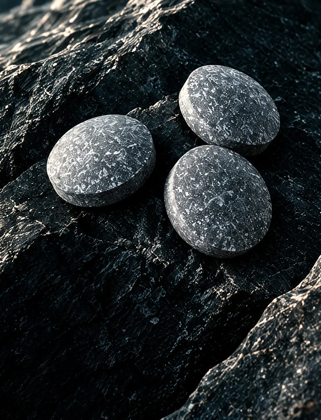 Three LV.IQ tablets on dark volcanic rock