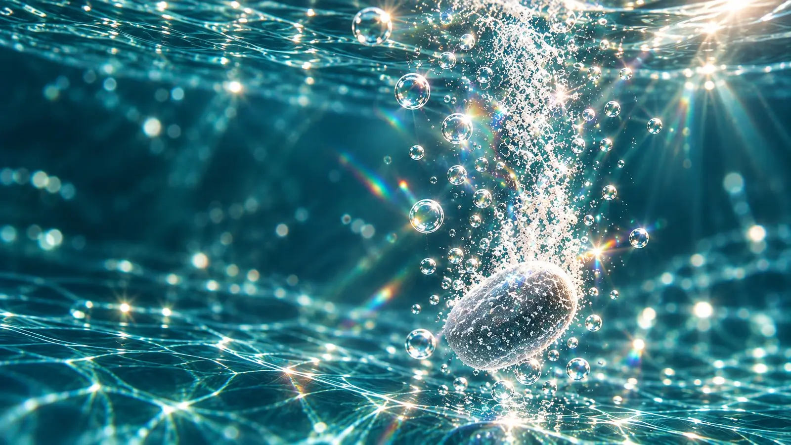 A tablet dissolving in sunlit teal water