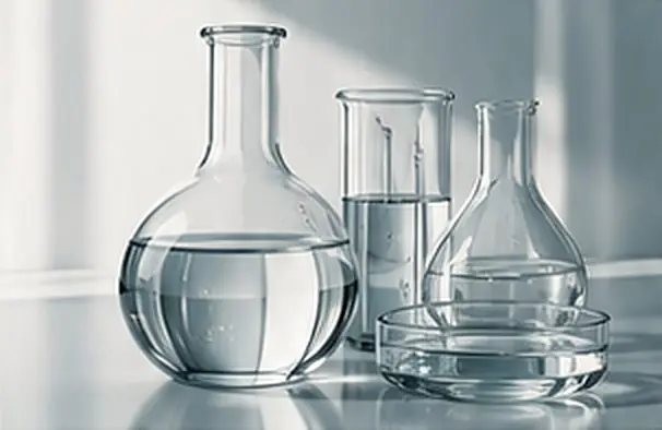 Glass laboratory flasks in soft light