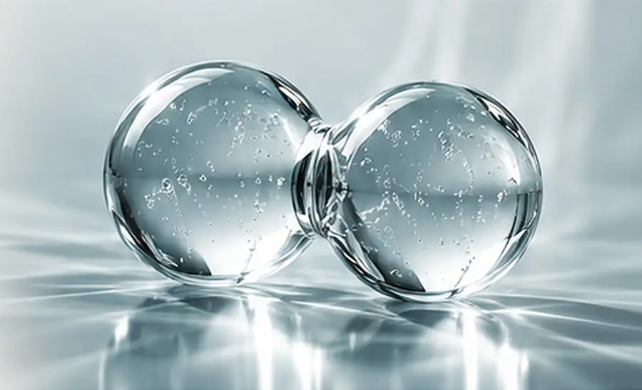 Two glass spheres joined like a hydrogen molecule, resting on water
