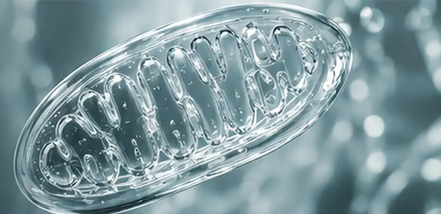 A glass sculpture of a mitochondrion suspended among bubbles
