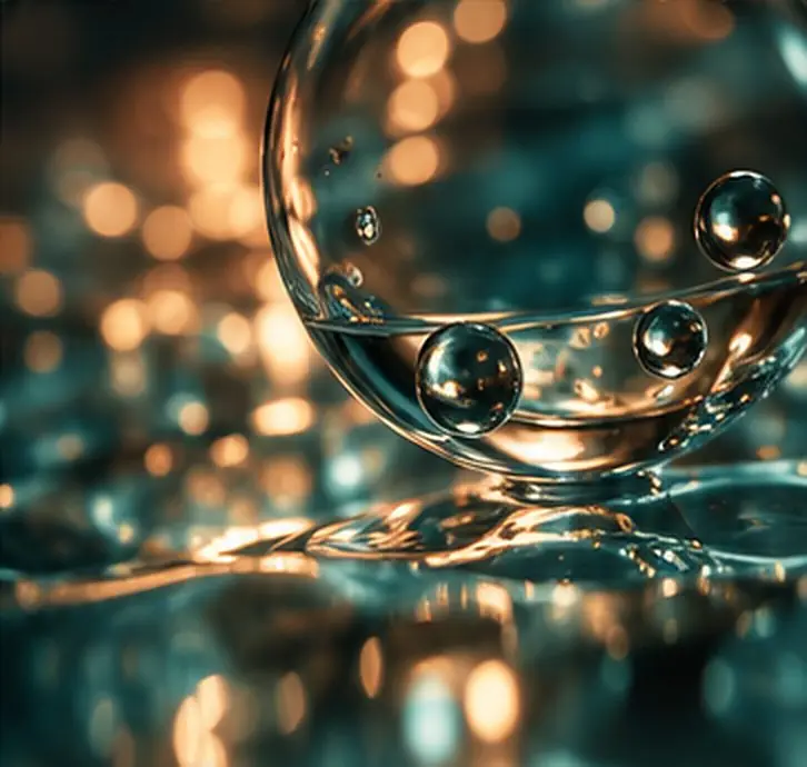 A glass sphere resting on water among points of warm light