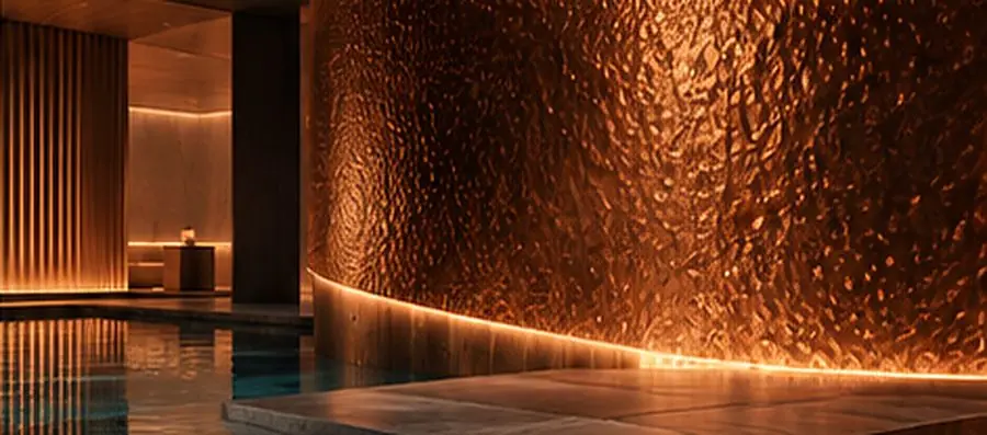A copper wall glowing above a dark pool