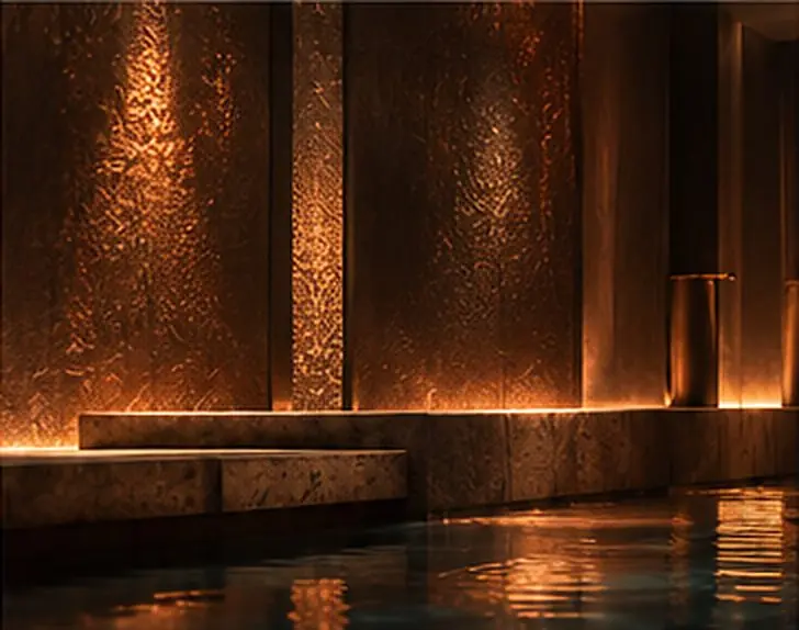 A copper-lit corridor opening onto still water