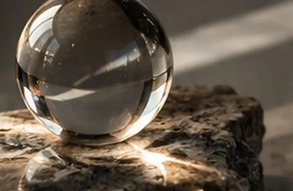 A glass sphere on stone in soft light