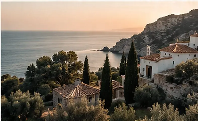 A village above the sea at golden hour